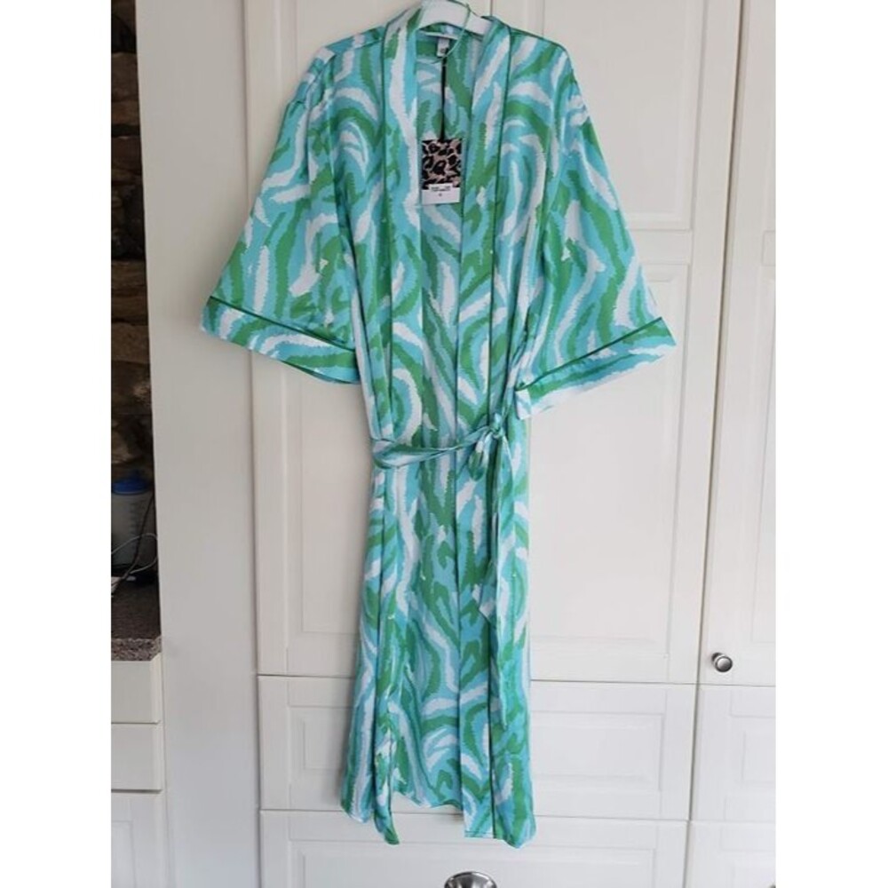 DVF Target Diane Von Furstenberg Long Satin Disco Zebra Green Robe XXS